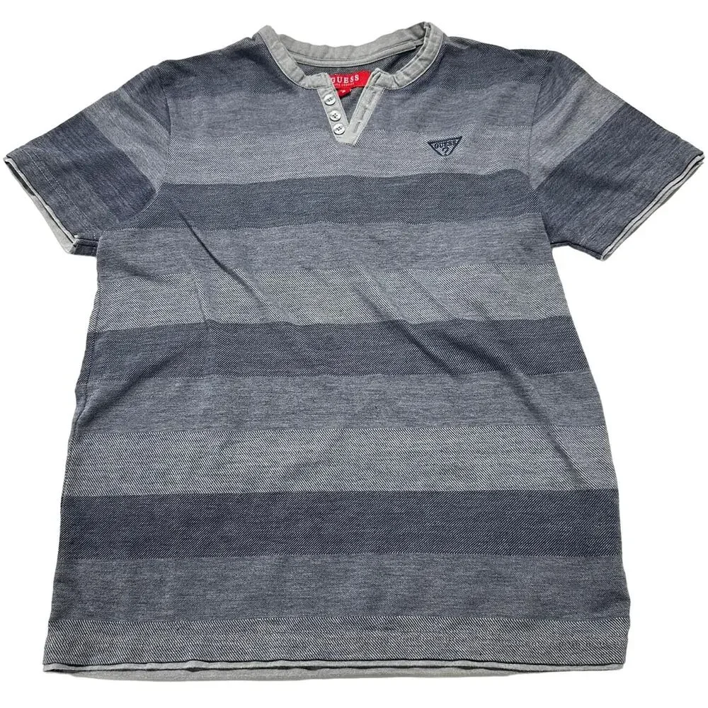 GUESS Shirt M Blue Striped Short Sleeve Henley Cotton Blend 90s Y2K Preppy - Picture 2 of 7